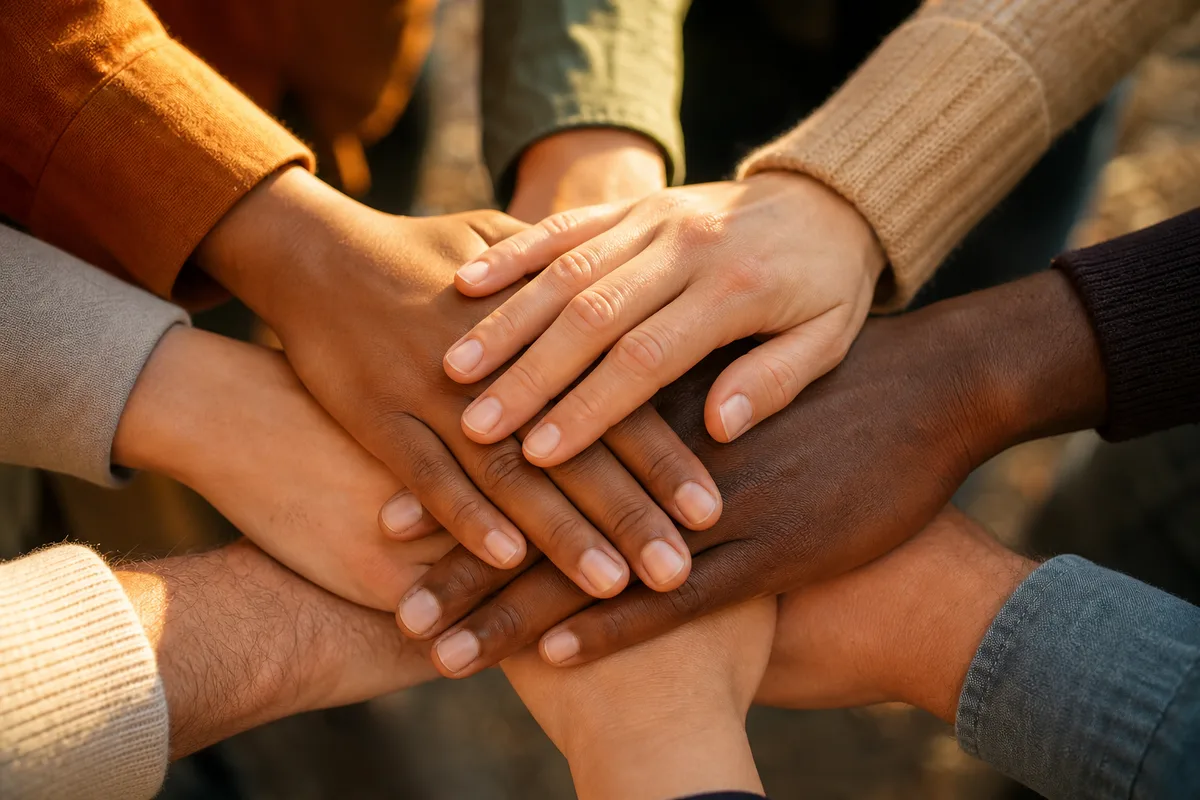 Grup de mâini unite, simbol al respectului reciproc și demnității comune