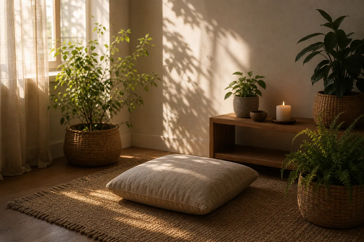 Colț liniștit de cameră amenajat pentru meditație, lumină naturală, fără text vizibil