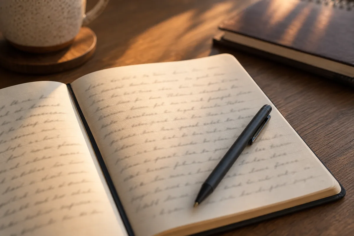 Pagină de jurnal scrisă de mână, fără text lizibil în cadru, lumină caldă